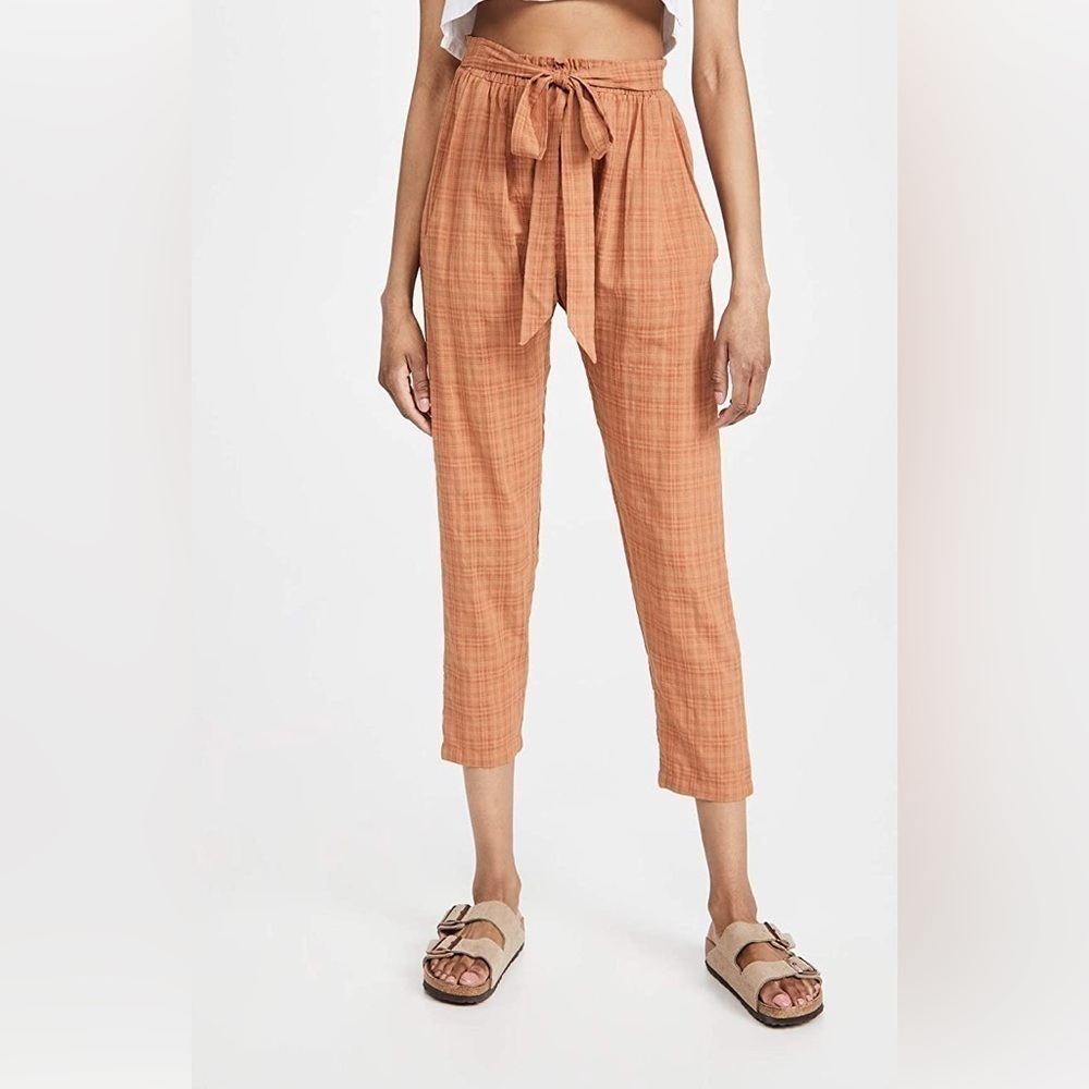 Eberjey Strata Plaid Solid Hudson Tie Waist Crop High Rise Pants Pecan